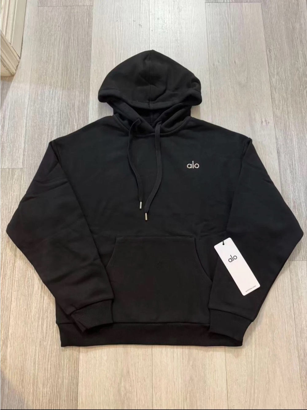 ALO Yoga Black Pullover Hoodie with Small White Logo